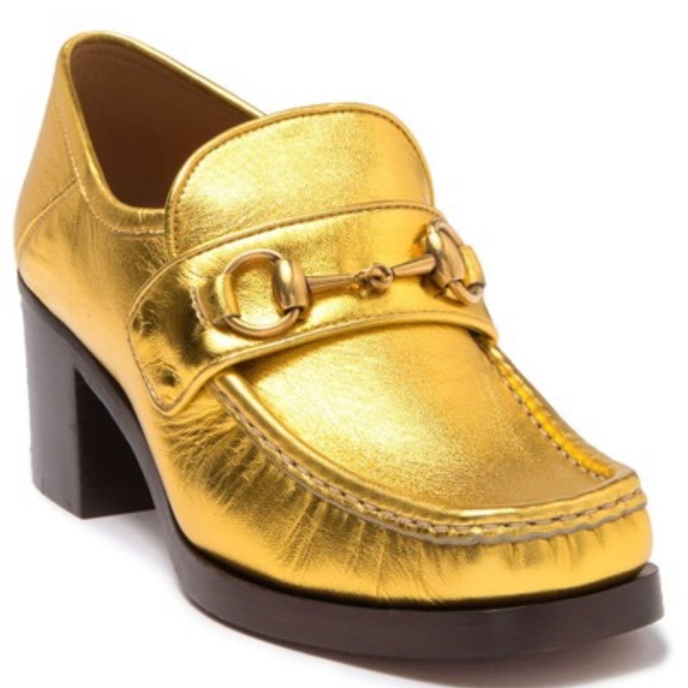 Gucci Gold Horsebit Detailed Collapsible Heel Metallic Leather Loafers